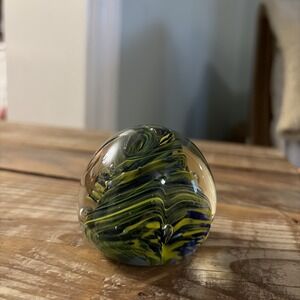 Vintage Yellow And Blue swirl Art glass Paperweight 2"